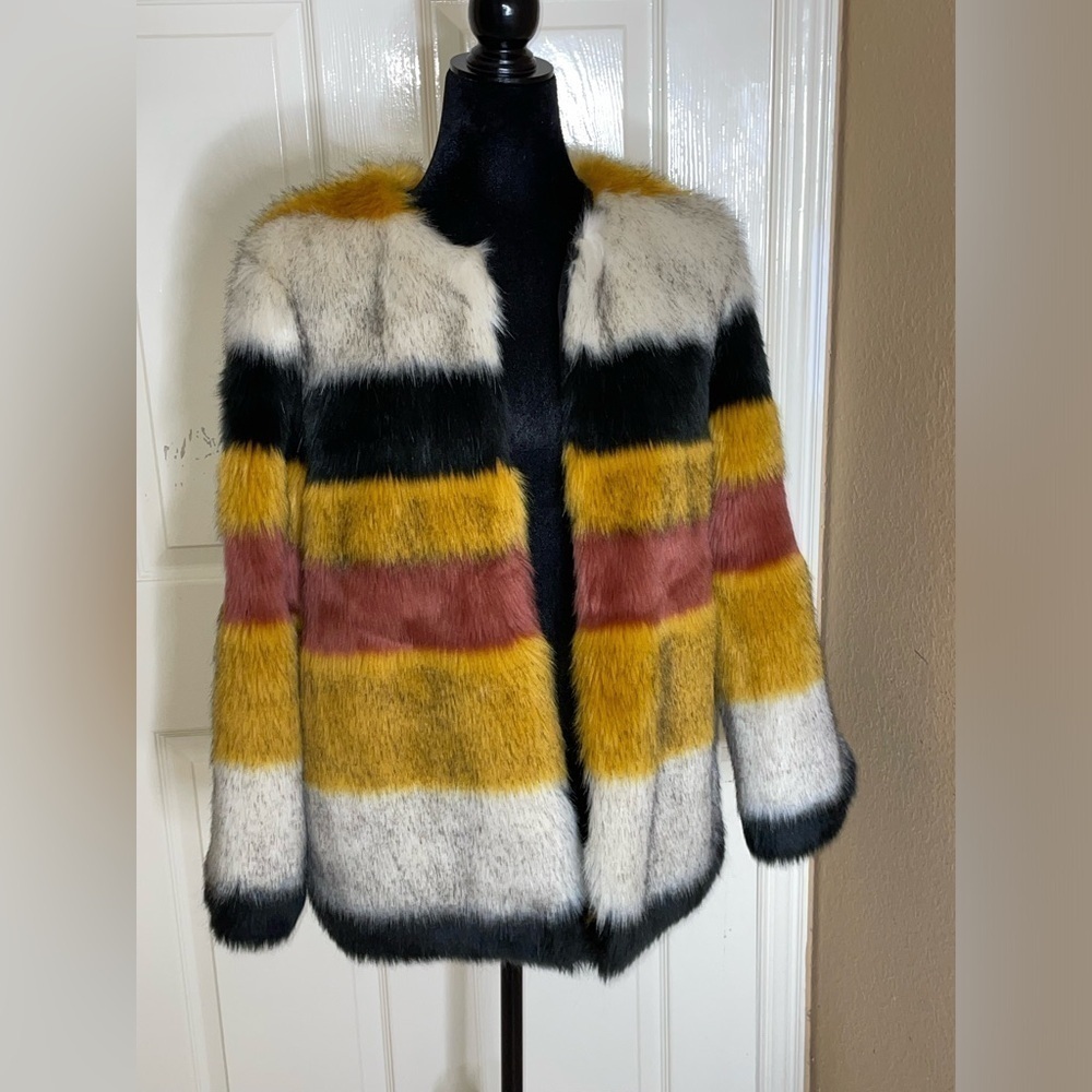 NWOT Zara womens multicolor stripe faux fur type jacket size medium​​​​​​​​​​